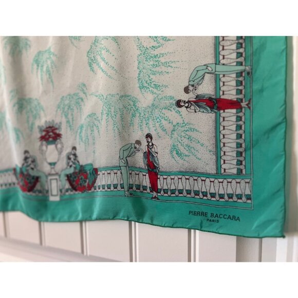 Vintage Pierre Baccara Paris Silk Scarf Hand Rolled Mint Green 1970s Figurative - Picture 2 of 10